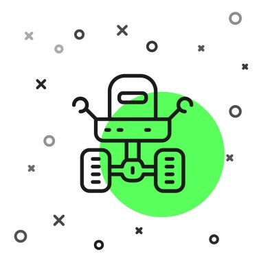 Siyah çizgi Mars gezgini simgesi beyaz arka planda izole edildi. Uzay aracı. Ay yürüyüşü işareti. Gezegen yüzeyini incelemek için bir cihaz. Vektör