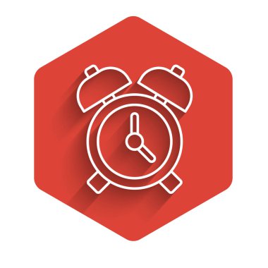 Beyaz çizgi alarm saati simgesi uzun gölgeli izole edildi. Uyan, kalk konsepti. Zaman işareti. Kırmızı altıgen düğmesi. Vektör