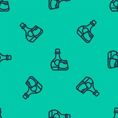 Mavi çizgi viski şişesi ve cam ikon yeşil arka planda izole edilmiş pürüzsüz desen. Vektör