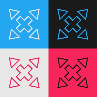 Pop sanat çizgisi Renk arkaplanında birçok yönden yalıtılmış ok simgesi. Vektör