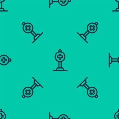 Hastane simgesine sahip mavi çizgi tıbbi harita işaretçisi yeşil arka planda izole edilmiş pürüzsüz desen. Vektör