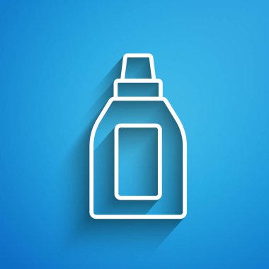Beyaz çizgi plastik şişe çamaşır deterjanı, çamaşır suyu, bulaşık deterjanı ya da mavi arka planda izole edilmiş başka bir temizlik maddesi. Uzun gölge. Vektör