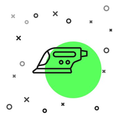 Beyaz arkaplanda siyah çizgi elektrikli demir ikonu izole edildi. Buhar ütüsü. Vektör