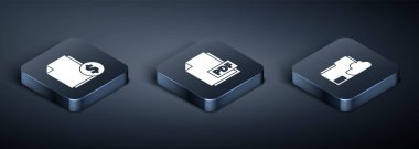 Isometric Finance belgesini, Cloud depolama metni klasörünü ve PDF dosya simgesini ayarla. Vektör