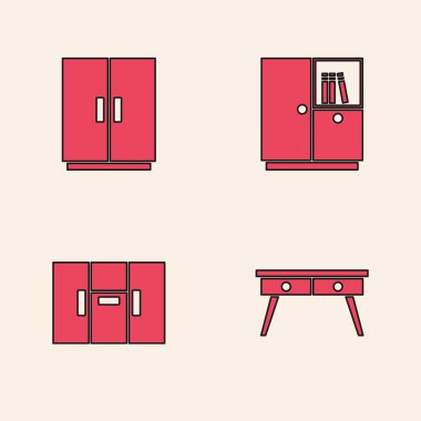 Ofis masası, gardırop ve ikon ayarla. Vektör