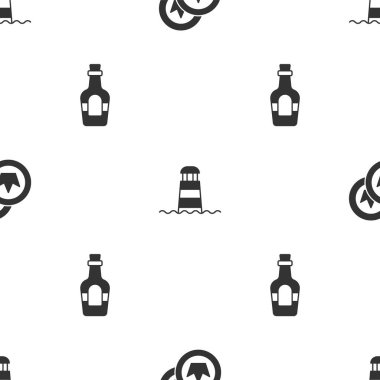 Korsan sikkesi, Deniz feneri ve alkollü içeceği kusursuz bir kalıba sokun. Vektör