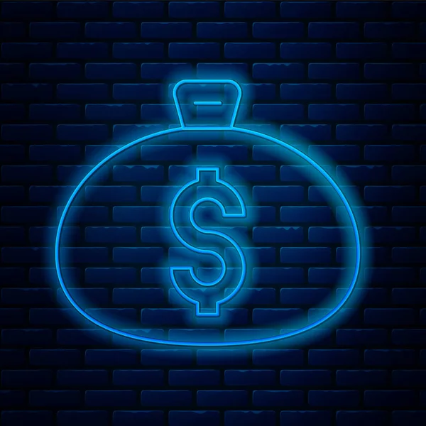 Ragyogó neon vonal Pénzeszsák ikon elszigetelt téglafal háttér. Dollár vagy USD szimbólum. Készpénz Banking pénznem jel. Vektor — Stock Vector