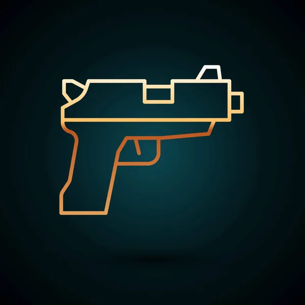 Zlatá linie pistole nebo pistole ikona izolované na tmavomodrém pozadí. Policejní nebo vojenská zbraň. Malá zbraň. Vektor — Stockový vektor