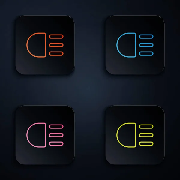 Color neon line High beam icon isolated on black background. Car headlight. Set icons in square buttons. Vector — Stock Vector