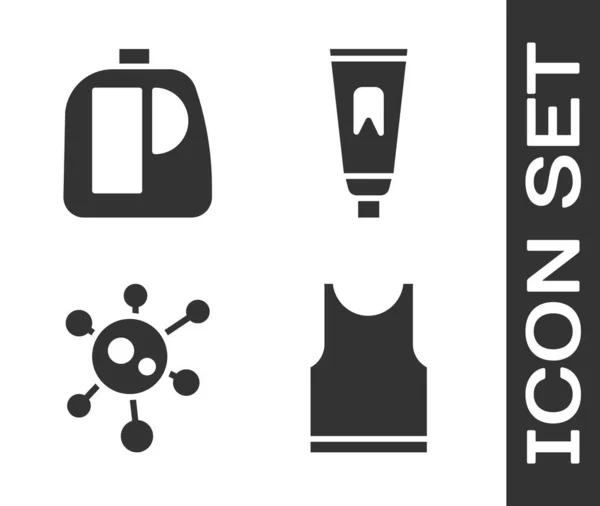 Set camiseta sin mangas, Botellas para agente de limpieza, Virus y Tubo de pasta de dientes icono. Vector — Vector de stock