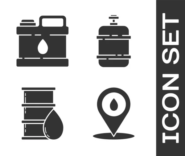 Set Recarga la ubicación del combustible de gasolina, Bote para aceite de la máquina de motor, aceite de barril y propano icono del tanque de gas. Vector — Archivo Imágenes Vectoriales