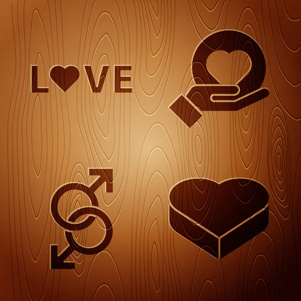 Set Süßigkeiten in herzförmigen Box, Liebestext, männliches Geschlechtssymbol und Herz auf der Hand auf Holz Hintergrund. Vektor — Stockvektor
