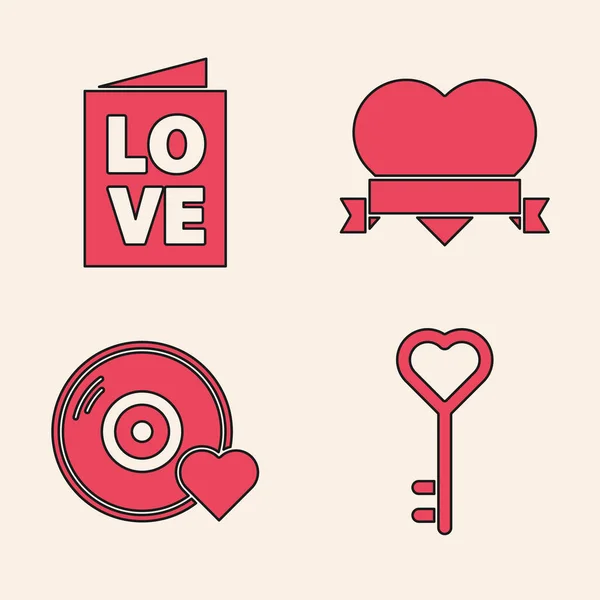 Set Llave en forma de corazón, folleto de la fiesta de San Valentín, corazón y cinta e icono de la música romántica. Vector — Vector de stock