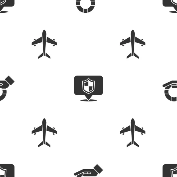 Definir Lifebuoy na mão, Escudo de localização e avião em padrão sem costura. Vetor — Vetor de Stock