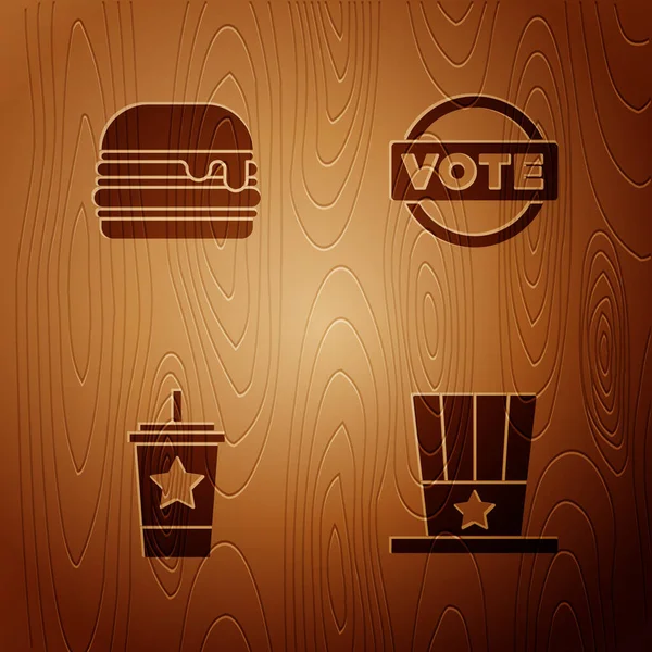 Set Patriotic cilindro americano, Burger, Bicchiere di carta con paglia e votare su sfondo di legno. Vettore — Vettoriale Stock