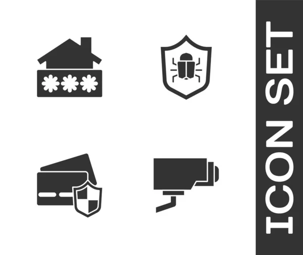 Set Caméra de sécurité, Maison avec mot de passe, bouclier de carte de crédit et icône de bug système. Vecteur — Image vectorielle