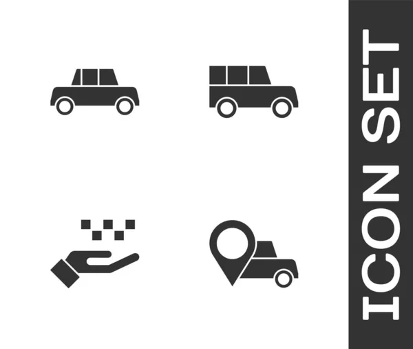 Establecer ubicación con taxi, Coche, Mano e icono. Vector — Archivo Imágenes Vectoriales