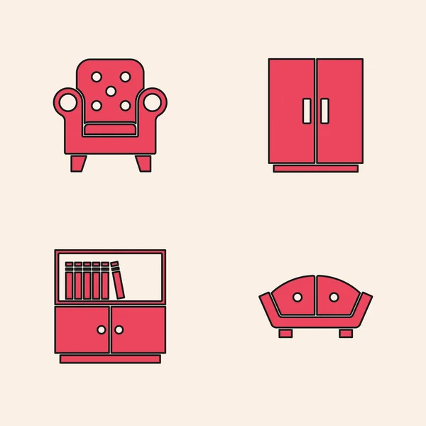 Set Sofa, Sessel, Kleiderschrank und Bücherregal-Symbol. Vektor — Stockvektor
