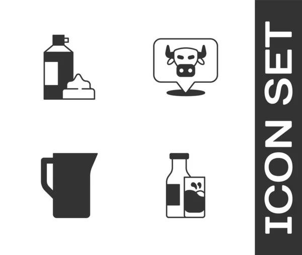 Set flessenmelk en glas, slagroom in fles, melkkan of kruik en koeienkop icoon. Vector — Stockvector