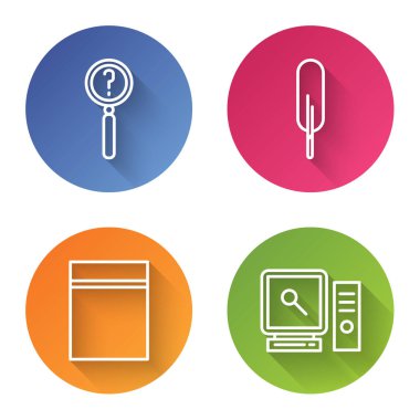 Arama, tüy kalem, fermuarlı plastik torba ve bilgisayar ekranında arama ile çizgi büyüteç ayarlayın. Renkli daire düğmesi. Vektör