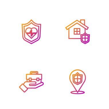 Çizgi konum kalkanı, el çantası, hayat sigortası ve House. Renk simgeleri. Vektör