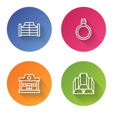 Bar kapısı, kantin su şişesi, Vahşi Batı barı ve altın barlar. Renkli daire düğmesi. Vektör