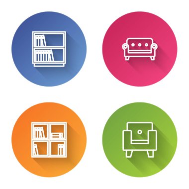 Satır kütüphanesi kitaplığı, kanepe, rafla koltuk ve koltuğu ayarla. Renkli daire düğmesi. Vektör