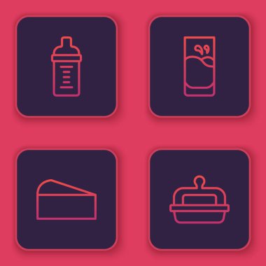 Bebek sütünü şişeye koy, Peynir, Bardakla ve tereyağı tabağıyla. Mavi kare düğme. Vektör