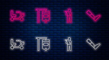 Serum torbası, kırık insan kolu, elektrikli sandalye ve protez bacak. Tuğla duvarda parlayan neon simgesi. Vektör