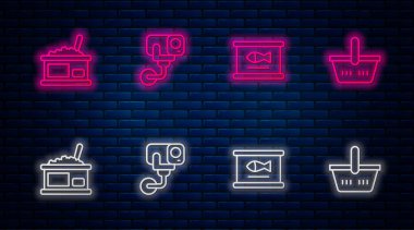 Güvenlik kamerası, konserve balık, havyarlı teneke kutu ve alışveriş septi. Tuğla duvarda parlayan neon simgesi. Vektör
