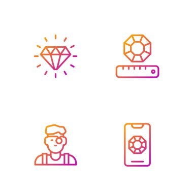 Mücevher alışverişi, kuyumcu, elmas ve mücevher taşı. Renk simgeleri. Vektör