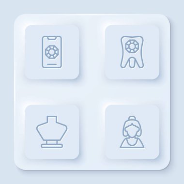 Online mücevher alışverişi, elmaslı diş, kolye mankeni ve kuyumcu danışmanı. Beyaz kare düğme. Vektör