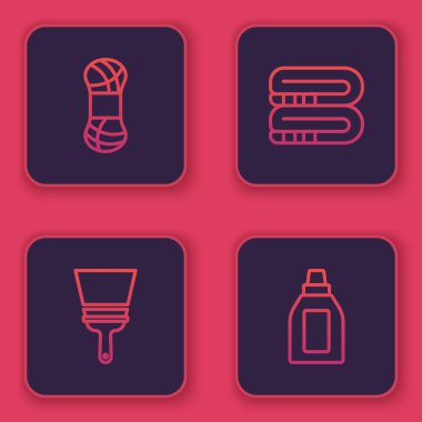 İplik, cam temizleyicisi, havlu yığını ve şişe temizleyici. Mavi kare düğme. Vektör