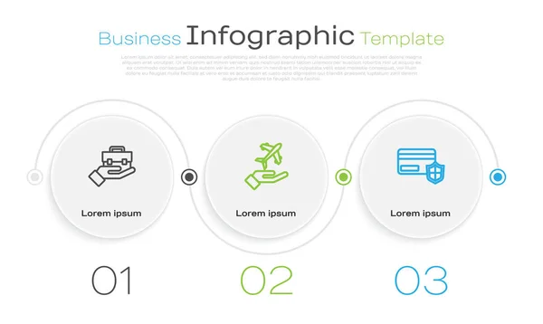 Set line Porte-documents main, main avion et carte de crédit avec bouclier. Modèle d'infographie d'entreprise. Vecteur — Image vectorielle