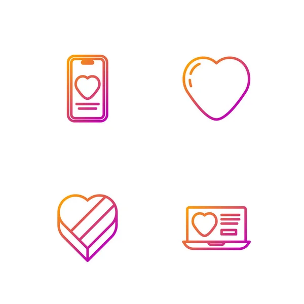 Définir la ligne Sortir ensemble app en ligne, Boîte en forme de coeur de bonbons, En ligne sortir ensemble chat et Heart. Icônes de couleurs dégradées. Vecteur — Image vectorielle