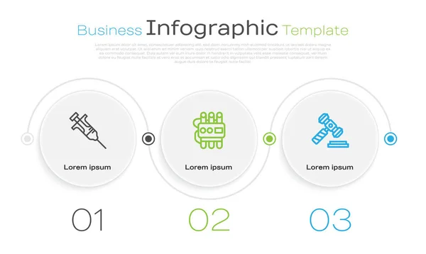 Set line Syringe, Dynamite and timer clock and Judge gavel. Business infographic template. Vector — Stock Vector