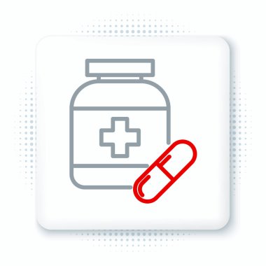 Hat ilacı şişesi ve beyaz arka planda izole edilmiş hap ikonu. Şişe hapı işareti. Eczane tasarımı. Renkli taslak konsepti. Vektör