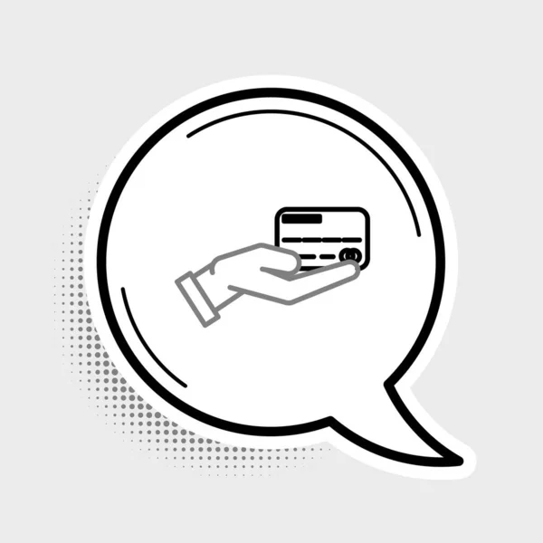Line Human sostiene la mano con el icono de la tarjeta de crédito aislado sobre fondo gris. Pago en línea. Paga con tarjeta. Operaciones financieras. Concepto de esquema colorido. Vector — Archivo Imágenes Vectoriales