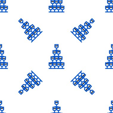 Piramit kulesindeki bir ikona yerleştirilmiş çizgi şarap bardakları beyaz arka planda izole edilmiş. Şarap kadehi işareti. Renkli taslak konsepti. Vektör