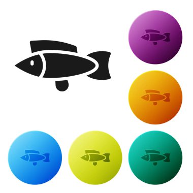 Siyah balık simgesi beyaz arkaplanda izole edildi. Simgeleri renk daire düğmelerine ayarla. Vektör