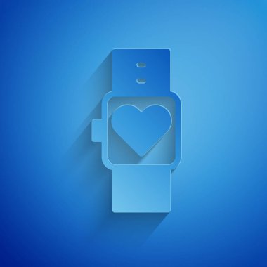Kağıt kesiği. Mavi arka planda kalp atış hızı simgesini gösteren akıllı saat. Fitness uygulaması konsepti. Kağıt sanatı tarzı. Vektör