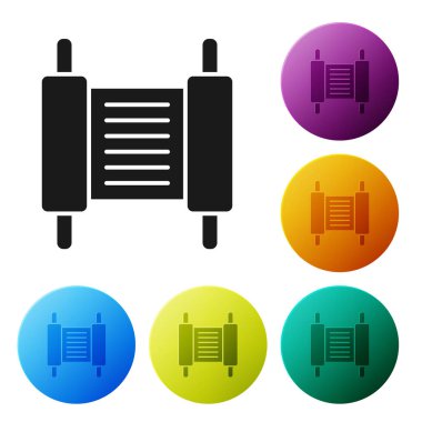 Beyaz arkaplanda siyah Tevrat kaydırma simgesi izole edildi. Genişletilmiş Yahudi Tevrat 'ı. David 'in Yıldızı sembolü. Eski parşömen tomarı. Simgeleri renk daire düğmelerine ayarla. Vektör