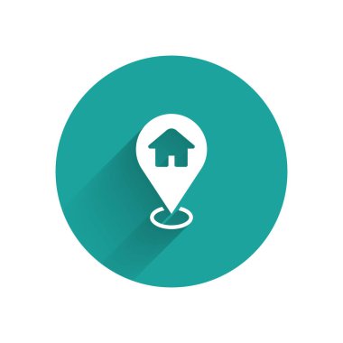 Beyaz Harita işaretçisi, uzun gölgeli ev simgesiyle izole edilmiş. Ev konumu belirleyici sembol. Yeşil daire düğmesi. Vektör