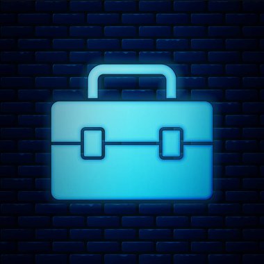 Parlayan neon araç kutusu simgesi tuğla duvar arka planında izole edildi. Alet kutusu tabelası. Vektör