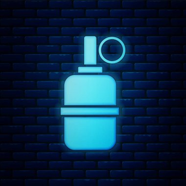 Parlayan neon el bombası ikonu tuğla duvar arkasında izole edilmiş. Bomba patlaması. Vektör