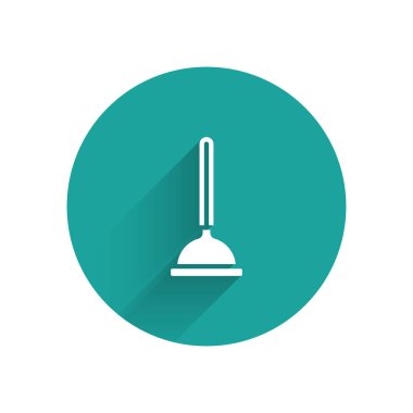 Boru temizleme ikonu için ahşap saplı, uzun gölgeli, beyaz kauçuk pompa. Tuvalet pompası. Yeşil daire düğmesi. Vektör