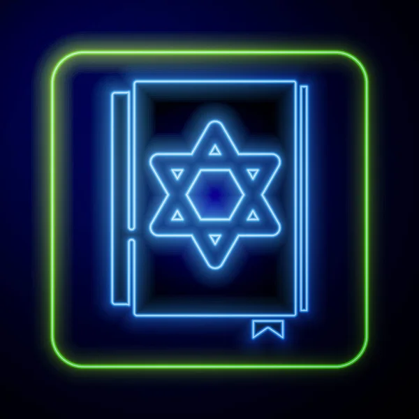 ネオン輝くユダヤ人のトーラの本のアイコンは青の背景に隔離されました。モーセの五旬節。聖書の表紙にはダビデの星のイメージが描かれています。ベクトル — ストックベクタ