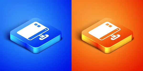 Isometric Computer monitor screen icon isolated on blue and orange background. Electronic device. Front view. Square button. Vector — Stock Vector