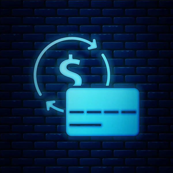 Ragyogó neon hitelkártya ikon elszigetelt téglafal háttér. Online fizetés. Készpénzfelvétel. Pénzügyi műveletek. Bevásárlótábla. Vektor — Stock Vector