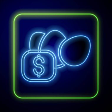 Mavi arka planda izole edilmiş tavuk yumurtası simgesi için parlayan neon Price etiketi. Vektör